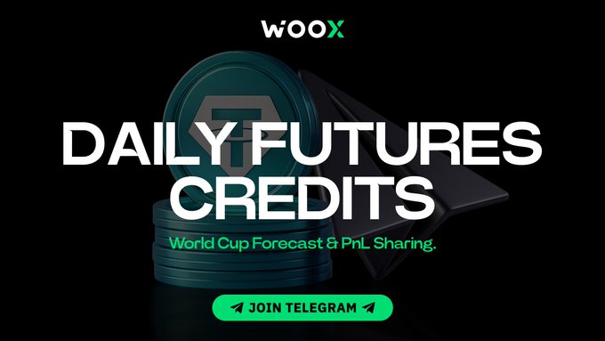 The image features a poster for an upcoming World Cup Match Precision Forecast & PnL Sharing campaign, which is related to daily future credits. The poster includes a green circle with a white "T" inside of it, along with text that reads "Daily Futures Credits". There are two stacks of coins on the poster, one blue and one black, placed in front of the green circle. The image also contains a link to join the campaign via Telegram, which is written in white text at the bottom right corner of the poster.