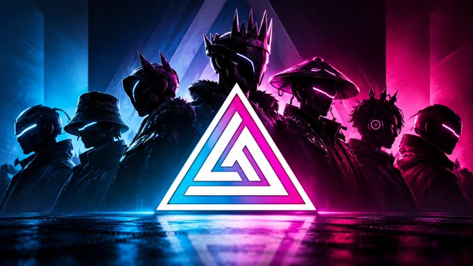 A stylized image featuring silhouetted figures in futuristic headgear around a glowing triangular logo, set against a dramatic blue and pink neon-lit background.