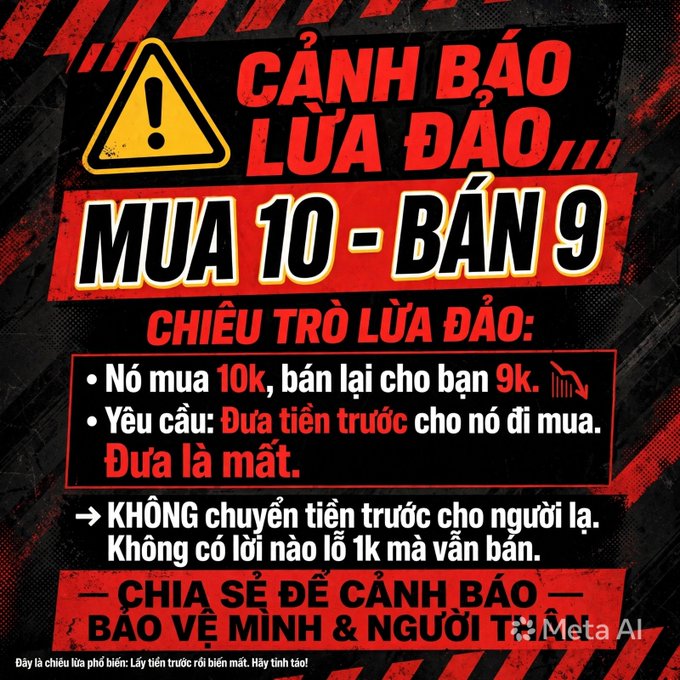 A Vietnamese scam warning graphic titled "CẢNH BÁO LỪA ĐẢO" about "MUA 10 - BÁN 9", advising against transferring money upfront to strangers.