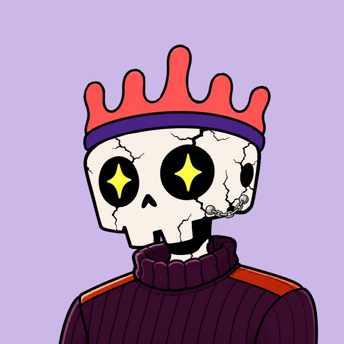 A digital illustration of a cracked skull wearing a red melting crown and a purple sweater, with glowing yellow star-shaped eyes and a chain piercing.