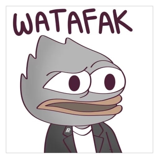 Meme-style cartoon character with a gray pointed head, half-lidded eyes, and a slightly open mouth, labeled "WATAFAK" in bold purple text.