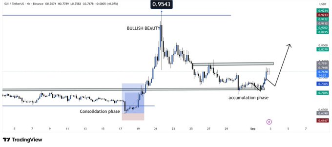 A TradingView candlestick chart for SUI/TetherUS on Binance, displaying annotations for a 'BULLISH BEAUTY', 'Consolidation phase', 'accumulation phase', and an upward trending arrow, with a current price of 0.9543.