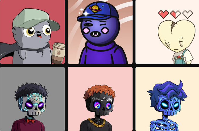 The image features six cartoon characters, each with a unique appearance and pose, arranged in two rows of three against a pink background. The characters include a cat wearing a hat, a blue-haired boy holding a coffee cup, a purple-haired girl with a heart on her face, a skeleton with a skull mask, another skeleton with a skull mask, and a cartoon character with a skull mask as well.
