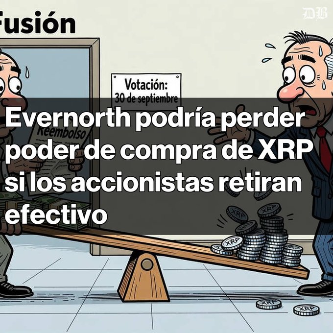 A cartoon illustration depicting a seesaw balancing money and XRP coins, with a sign reading 'Votación: 30 de septiembre', captioned in Spanish about Evernorth potentially losing XRP purchasing power.