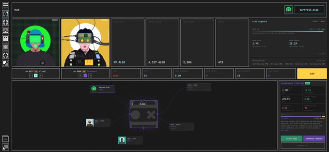 The image shows a screen with information about the current state of the Node Keeper node, which serves as a hub for network communication and fair trade within the city of Polaris. The Node Keeper is now live, and people can help by contributing either a stake or an Algo (a form of currency) to keep it running smoothly. It's essential to have secure networks in place to maintain communication and fair transactions between citizens and the node, ensuring that everyone benefits from its services.