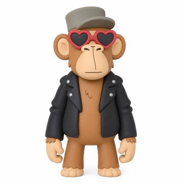 A stylized toy figure of a monkey wearing a black biker jacket, gray flat cap, and red heart-shaped sunglasses.