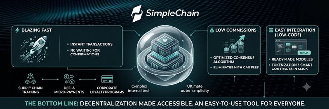 The image is a promotional banner for "SimpleChain," highlighting its key features: blazing fast transactions, low commissions, and easy integration with low-code tools, all designed to support use cases like supply chain tracking, DeFi & micro-payments, and corporate loyalty programs. The tagline "Complex internal tech, ultimate outer simplicity" and the bottom line "Decentralization Made Accessible. An Easy-to-Use Tool for Everyone" reinforce the post's message that SimpleChain is simplifying blockchain technology for everyday business and user adoption.