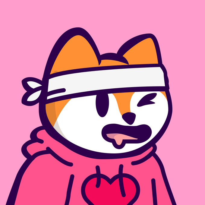 A cartoon illustration of an orange and white fox-like character wearing a white headband and a pink hoodie with a heart design, winking with a sly expression against a pink background.