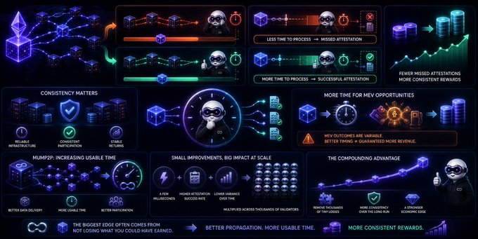 A complex infographic about MEV (Maximum Extractable Value) and blockchain validation, featuring a 'mev' character and explaining concepts like attestation timing, consistency, and the MUM2P2 compounding advantage.
