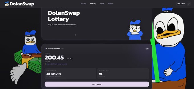 lloranswap.com's "DolanSwap" page displays a cartoon duck and a blue bird, with the text "DolanSwap Lottery" and "200,45".