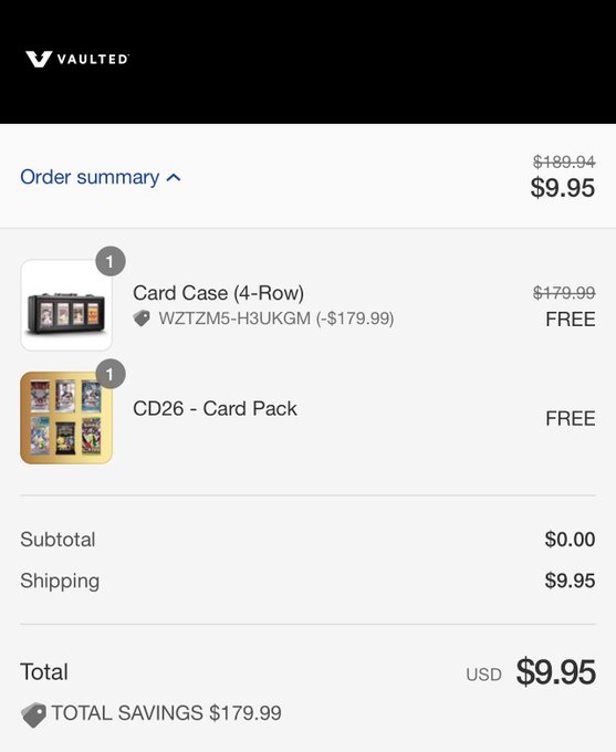 The image shows a screenshot of a Vaulte account, where they have received an item or items worth $9.95 for shipping. However, there are no names or information about the person who sent this message. The focus should be on the amount spent on shipping and if anyone is sending cards to the recipient in response to this purchase.