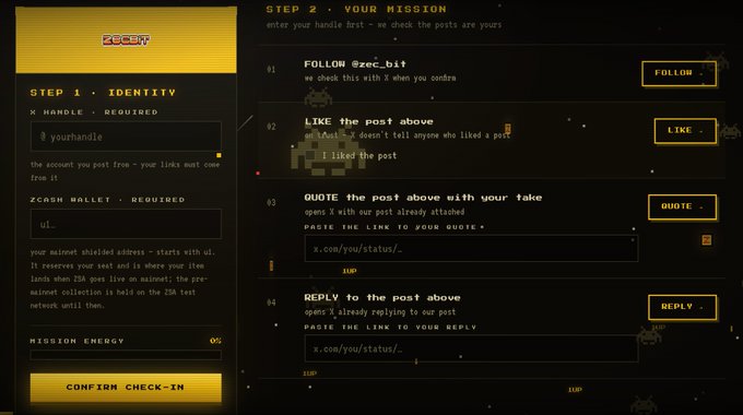 A screenshot of a check-in interface titled 'ZCON3' showing 'STEP 1 - IDENTITY' requiring X handle and ZCASH WALLET, and 'STEP 2 - YOUR MISSION' with tasks to FOLLOW, LIKE, QUOTE, and REPLY for engagement energy points.