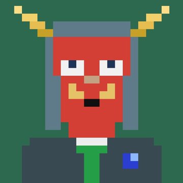 A pixel art illustration of a red demonic character with yellow horns, wearing a suit, set against a green background.