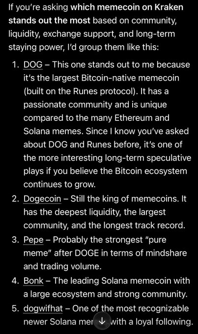 Text ranking top memecoins on Kraken: 1. DOG (Bitcoin-native Runes memecoin), 2. Dogecoin, 3. Pepe, 4. Bonk, 5. dogwifhat, based on community, liquidity, and staying power.