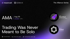 The image is a promotional graphic for an AMA (Ask Me Anything) event on August 28th at 3PM UTC, featuring "The Alliance Series" and partners moonrush and OctaAI, with the headline "Trading Was Never Meant to Be Solo." The graphic directly supports the post's message about trading in community, highlighting the moonrush and OctaAI collaboration as an example of the integrated trading ecosystem the AMA will discuss.