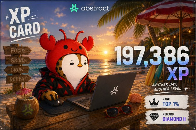 An 'XP CARD' from Abstract showing 197,386 XP with a cartoon lobster character in a crab costume working at a beach laptop, ranked Top 1% with Diamond II reward.