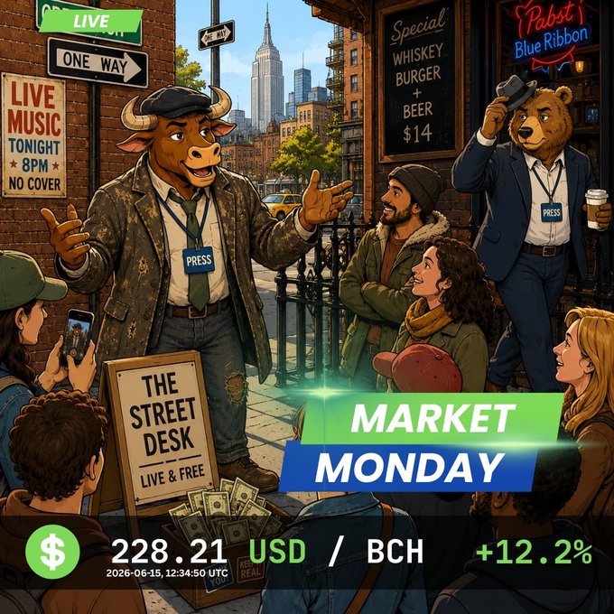 The image features a cartoon illustration of a bull standing at a street corner with people gathered around him. The bull appears to be giving a press briefing, surrounded by a crowd of people who are watching attentively. There's also a sign for "Market Monday" in the background, indicating that this is an event related to market activities or perhaps a special edition of a comic book series featuring a bull character. The image includes text elements such as dollar signs and currency symbols, suggesting that there might be some financial aspect to the scene.
