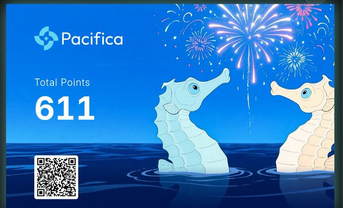 A digital card or screen for "Pacifica" displaying "Total Points 611" alongside an illustration of two seahorses and fireworks over the ocean, with a QR code in the corner.
