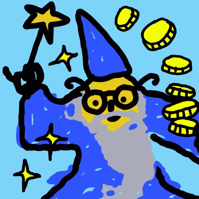 A cartoon wizard with big yellow eyes holds a magic wand topped with a star, summoning gold coins from his hand, as the meme sarcastically suggests Bitcoin is a magical solution to rising costs. The whimsical imagery of conjuring money plays on the post's sarcastic question about why one isn't buying more Bitcoin when everything else is going up.