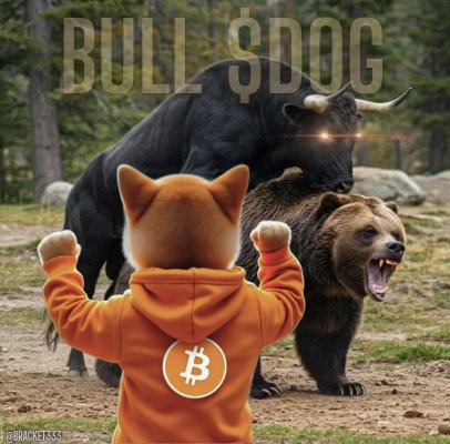 An AI-generated meme titled 'BULL $DOG' shows a cartoon Bitcoin dog in an orange hoodie facing a bull and bear, with 'POOR JEFF2026' watermark.