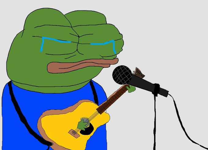 A cartoon drawing of a crying green Pepe the Frog character wearing a blue shirt and playing a yellow guitar in front of a microphone.