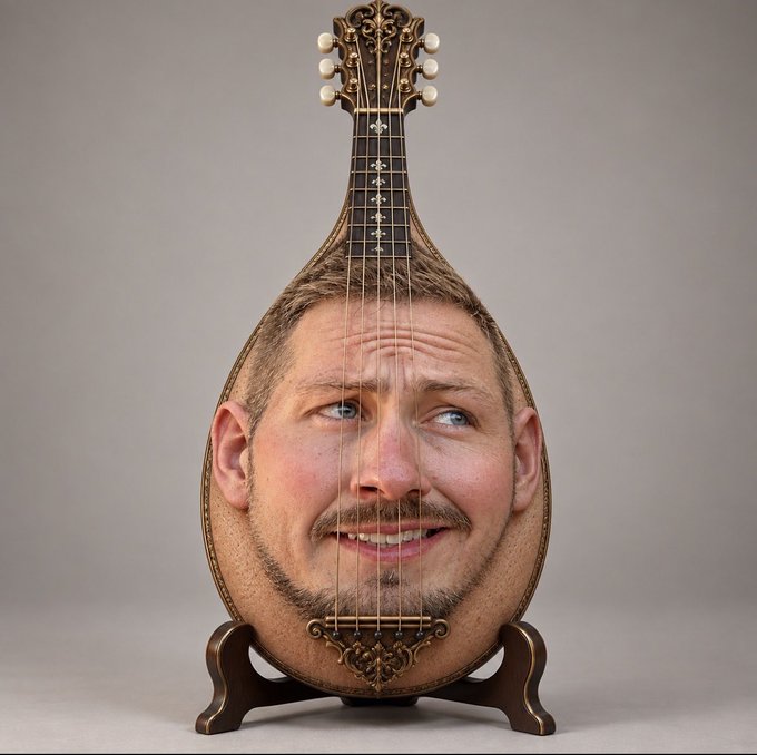 A surreal portrait of a smiling bearded man with short brown hair merged with the body of an ornate stringed instrument, displayed on a wooden stand against a plain background.
