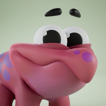 A 3D rendered image of a pink and purple frog-like character with large expressive eyes and a content smile against a pale green background.