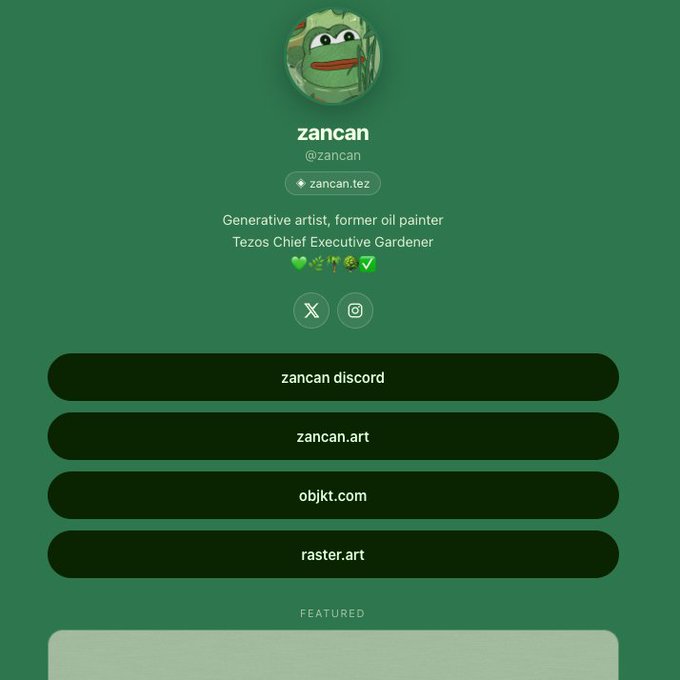 A Linktree-style profile page for 'zancan' (@zancan), a generative artist and Tezos Chief Executive Gardener, with links to discord, art platforms, and a Pepe frog avatar.