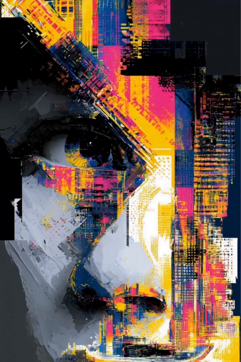 The image features an abstract painting that depicts a face with a large nose and mouth area. The colors used are predominantly black, white, pink, yellow, blue, green, red, orange, and purple. The painting seems to be a digital art piece created using a computer program like Photoshop or Illustrator. It is not possible to determine the exact content of the image from the provided description alone.