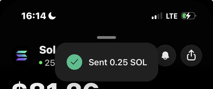 A smartphone screenshot at 16:14 shows a Solana (SOL) wallet app displaying a price of $84.26 and a transaction confirmation popup reading "Sent 0.25 SOL" with a green checkmark, confirming the transfer described in the post.