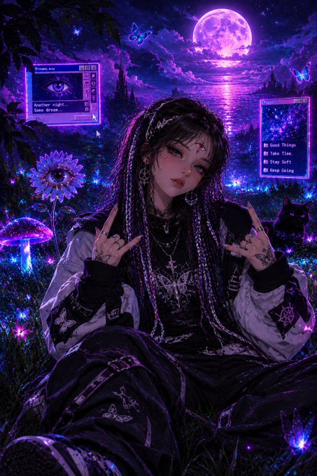 A digital anime-style illustration depicts a dark-haired girl in gothic clothing sitting in a field under a large purple moon, surrounded by glowing mushrooms, butterflies, and retro computer windows displaying a song playlist.