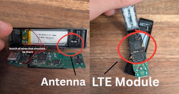 A disassembled Ledger hardware wallet reveals its internal battery labeled "3.7V 133mAh," an exposed bundle of wires, and an LTE module with antenna—hardware components consistent with reports of tampered devices capable of wirelessly transmitting stolen recovery phrases over cellular networks.