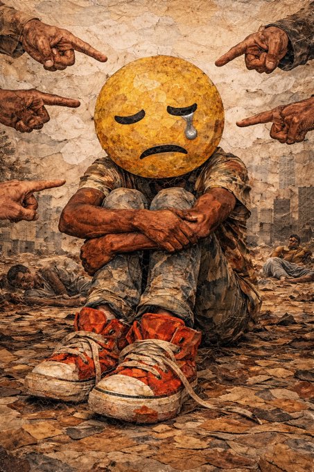 The image features an art piece with a sad face made out of a yellow smiley face, surrounded by red sneakers. The painting depicts a person sitting down with their head resting on their hands, conveying a sense of sadness or distress. The background is filled with various people pointing fingers at the sad face, suggesting that it might be a controversial or thought-provoking piece of art.