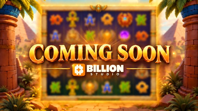 A "COMING SOON" promotional graphic by BILLION STUDIO teases an upcoming slot game, featuring an Ancient Egyptian theme with pyramids, palm trees, stone pillars, and a blurred game grid displaying hieroglyphic-style symbols, all tying into the post's announcement of a new slot game giveaway where followers can guess the max win.