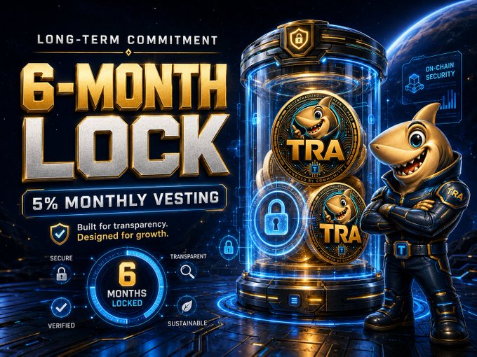 Promotional cryptocurrency advertisement featuring a shark mascot and 'TRA' coins in a glass vault, advertising a '6-Month Lock' with '5% Monthly Vesting' and 'On-Chain Security.'