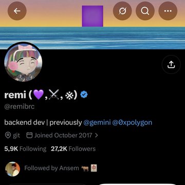The image shows a Twitter/X profile for "remi (💜, 𓀐, ✿)" (@remibrc), a verified backend developer who previously worked at Gemini and 0xPolygon, with 5.9K following and 27.2K followers, which corresponds to the announcement about @remibrc building the REAL ($REAL) project on Robinhood Chain.