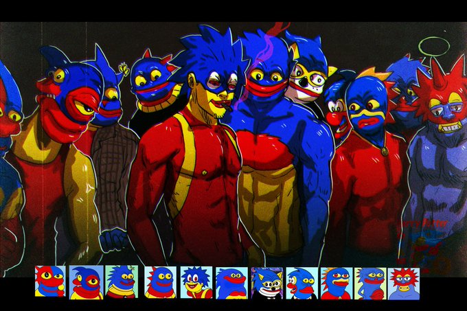 A digital artwork displaying numerous variations of a blue and red superhero-like character with yellow eyes, shown both as a group illustration and as individual headshot icons along the bottom.