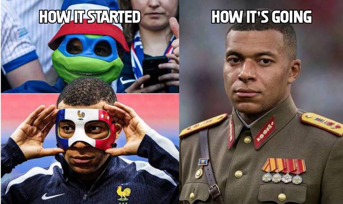 A 'How it started vs How it's going' meme showing Kylian Mbappé as a young masked fan/player on the left, and as a stern North Korean-style military general on the right.