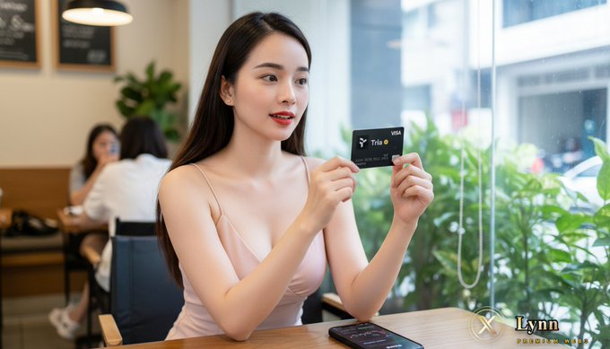 The image features a woman holding up a credit card with the words "useTria" written on it. The woman appears to be sitting at a table or counter, possibly in a cafe setting. There are other people present in the background, but they do not seem to be the main focus of the scene. The post seems to discuss the fragmentation and fragmentation of cryptocurrencies, specifically Bitcoin, which has led some users to create their own wallet apps for managing their digital assets.
