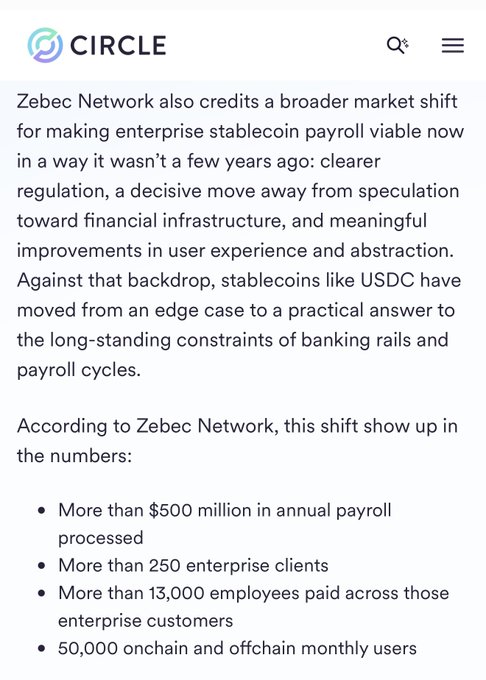 The image shows a screenshot from a webpage displaying the text about Zeebec Network. It appears that people are not paying attention to this particular post, as the caption "Zeebec Network also credits a broader market shift for making enterprise stablecoin payroll viable now" seems unrelated or uninteresting compared to other content on the page. The image does not provide any additional information about the webpage's layout or design, which further emphasizes that the viewer is more focused on other elements of the website than this specific post.