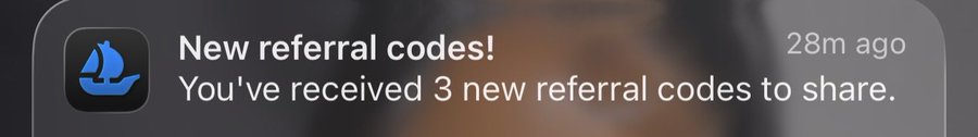 A notification banner reading 'New referral codes! You've received 3 new referral codes to share' from 28m ago, featuring a blue sailboat icon.