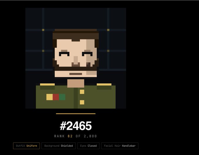 A pixel art NFT portrait #2465 of a bearded man in a military uniform, ranked 82 of 2,800, with attributes "Uniforms," "Shielded" background, "Closed" eyes, and "Handlebar" facial hair—fitting the post celebrating the user's one-hour wait to finally mint their Zcash NFT.