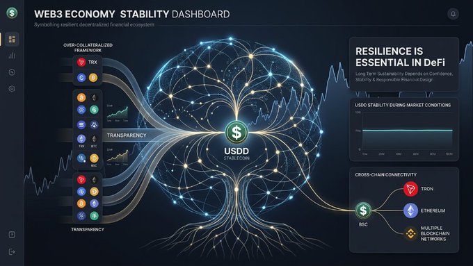 A 'WEB3 ECONOMY STABILITY DASHBOARD' visualization showing a tree-like network rooted in USDD, with sections labeled 'TRANSPARENCY', 'CROSS-CHAIN CONNECTIVITY' (TRON, BSC, ETHEREUM), and 'RESILIENCE IS ESSENTIAL IN DeFi'.