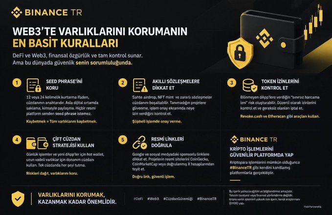 A Binance TR infographic in Turkish detailing the simplest rules for protecting assets in Web3, including seed phrase protection, open contract warnings, token approvals, gift scam strategy, and verifying official links.