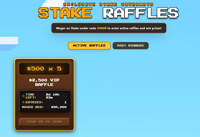 A promotional webpage for 'STAKE RAFFLES' featuring a pixel art design, advertising a $2,500 VIP Raffle with 5 prizes of $500, requiring wagering under code IVANB.