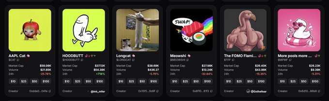 A row of Pump.fun memecoin listings showing tokens including AAPL Cat, HOODBUTT, Longcat, Meowshi, The FOMO Flamingo, and More pools more, with varying market caps and 24h changes.