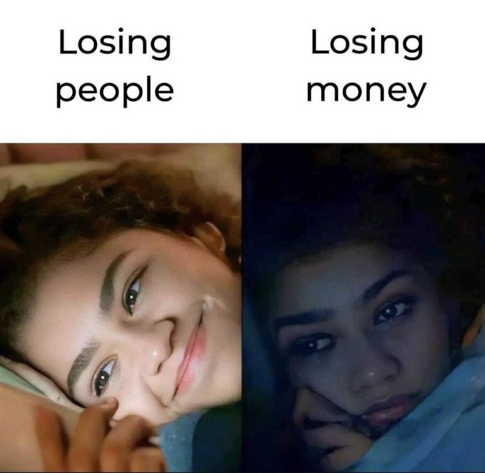 The image is a two-panel meme comparing emotional reactions to loss. On the left, labeled "Losing people," a young woman smiles softly in warm lighting, while on the right, labeled "Losing money," she appears somber in dark, shadowy lighting—visually illustrating the post's message that losing people "always hurts the most."