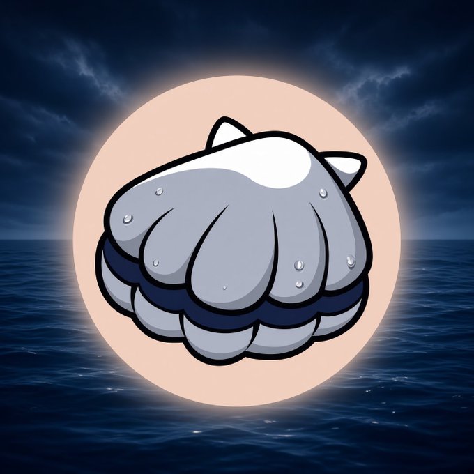 A cartoon illustration of a gray, shell-like object with cat ears and water droplets, set against a glowing peach moon over a dark, cloudy ocean at night.