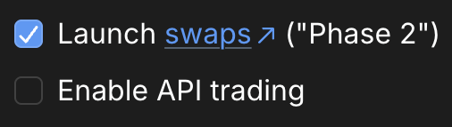 A dark settings interface shows two checkboxes: "Launch swaps ↗ ('Phase 2')" is checked, while "Enable API trading" remains unchecked—visually reinforcing the post's message that API trading is imminent but not yet live on Variational, making now the time to act before bots, quants, and market makers join via the soon-to-be-enabled API.