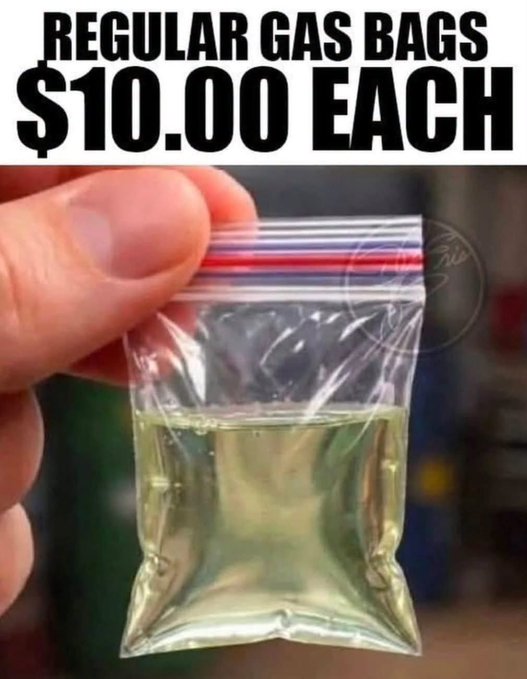 A hand holds up a small clear plastic bag containing a yellowish liquid, with text overlay reading "REGULAR GAS BAGS $10.00 EACH".